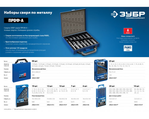 ЗУБР ПРОФ-А 10шт(0.5-2.2мм), Набор сверл по металлу, для печатных плат, сталь Р6М5, класс А