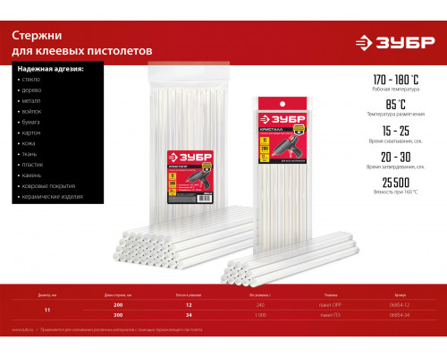 ЗУБР прозрачные универсальные клеевые стержни, d 11 мм х 200 мм (11-12 мм) 12 шт. 240 г