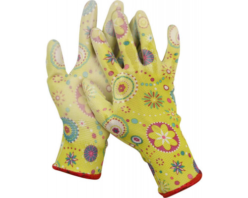 Садовые перчатки GRINDA, прозрачное PU покрытие, 13 класс вязки, зеленые, размер M
