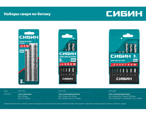 СИБИН 5 шт: d 4-5-6-8-10 мм набор сверл по бетону