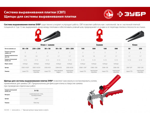 ЗУБР СВП комплект: 250+250шт (1,7 мм зажим + клин), система выравнивания плитки, в пакете.