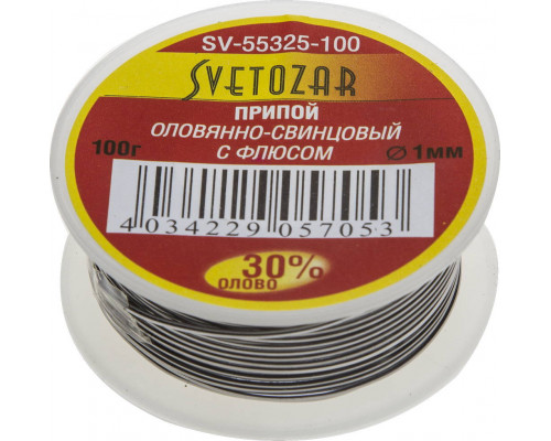 Припой СВЕТОЗАР ПОС30,1 мм, 100г, трубка с флюсом, катушка