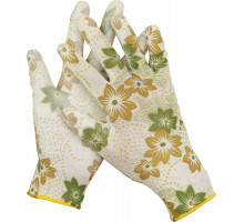 Садовые перчатки GRINDA, прозрачное PU покрытие, 13 класс вязки, бело-зеленые, размер L