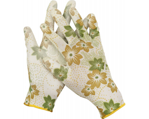Садовые перчатки GRINDA, прозрачное PU покрытие, 13 класс вязки, бело-зеленые, размер L