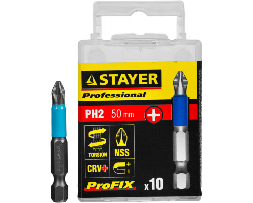 Биты STAYER ″PROFESSIONAL″ ProFix Phillips, тип хвостовика E 1/4″, № 2, L=50мм, 10шт