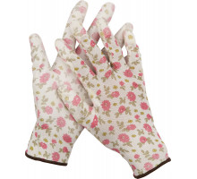 Садовые перчатки GRINDA, прозрачное PU покрытие, 13 класс вязки, бело-розовые, размер L