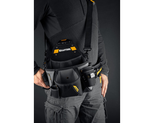 KRAFTOOL KPB-20 с быстросъёмным креплением FastClip, плечевой ремень, 20 карманов и петель, 320 х 310 мм, поясная сумка (38767)