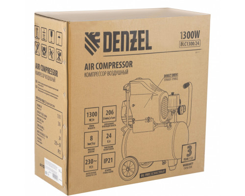 Компрессор воздушный DLC1300/24 безмасляный 1.3 кВт, 24 литра, 206 л/мин Denzel