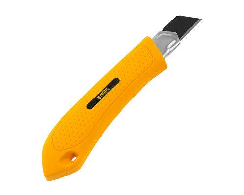 Нож, 18 мм, сменное лезвие, SK4, метал. направляющая, нажимной фиксатор// Denzel