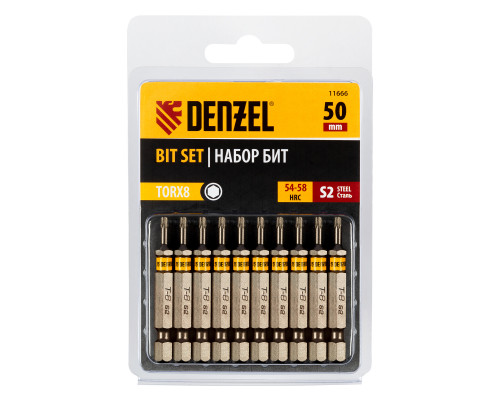 Бита TX 8х50, сталь S2, шестигранный профиль, 10 шт. Е 6,3 Denzel