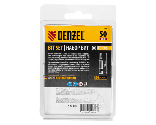 Бита TX 8х50, сталь S2, шестигранный профиль, 10 шт. Е 6,3 Denzel