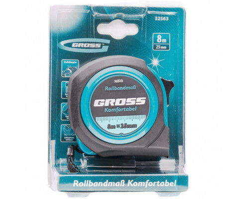 Рулетка Komfortabel 8 м х 25 мм,обрезиненный корпус Gross
