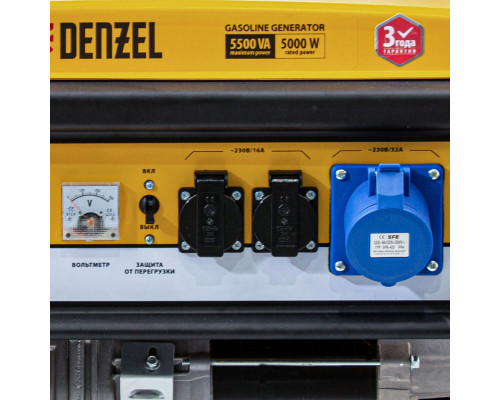 Генератор бензиновый GE 6900, 5.5 кВт, 220 В/50 Гц, 25 л, ручной старт Denzel