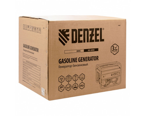 Генератор бензиновый GE 6900, 5.5 кВт, 220 В/50 Гц, 25 л, ручной старт Denzel