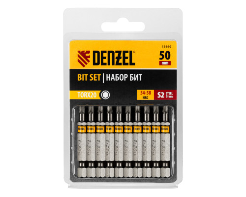 Бита TX 20х50, сталь S2, шестигранный профиль, 10 шт. Е 6,3 Denzel
