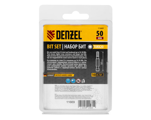Бита TX 20х50, сталь S2, шестигранный профиль, 10 шт. Е 6,3 Denzel