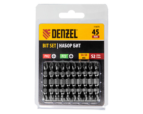 Бита двухсторонняя, PH2-PZ2 х 45 мм, сталь S2, 10 шт. Denzel